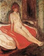 The Gril sitting on the red quilt Edvard Munch